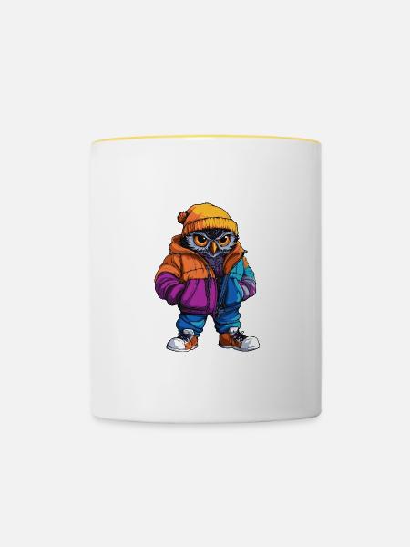 Eule Lustig Winter - Tasse zweifarbig - Weiß/Gelb