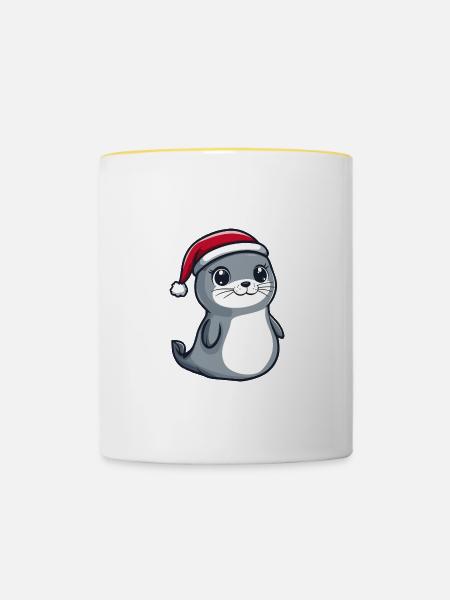 Robbe Tier Weihnachten Niedlich - Tasse zweifarbig - Weiß/Gelb