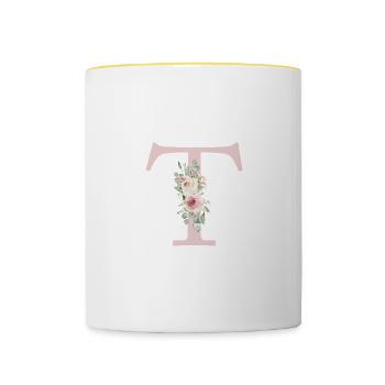 T| Monogramme | Eucalyptus Pastel Fleur Bleu - Mug contrasté - blanc/jaune - Devant