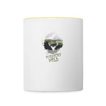 Vorsicht Wild,Hirsch, Geweih, hirschgeweih, natur - Tasse zweifarbig - Weiß/Gelb - Vorne