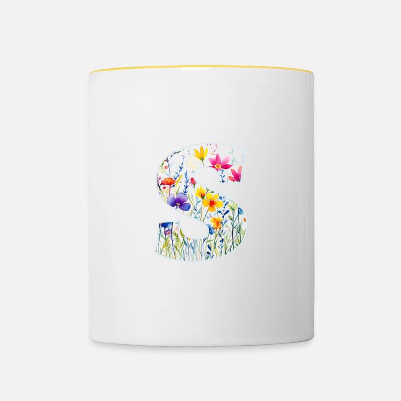 Buchstabe S, Monogramm, Blumenmuster - Tasse zweifarbig - Weiß/Gelb