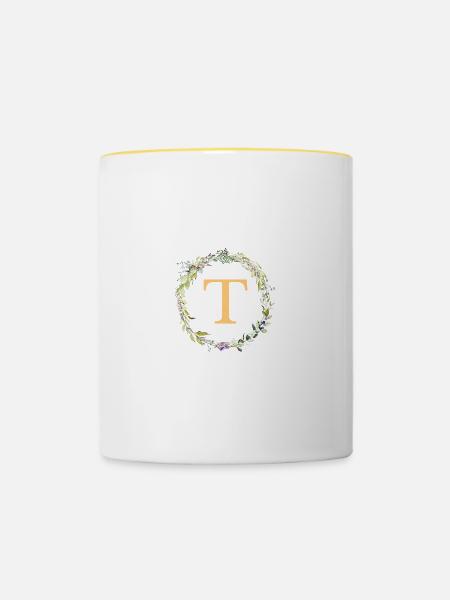 T Monogramm Eukalyptus-Kranz - Tasse zweifarbig - Weiß/Gelb