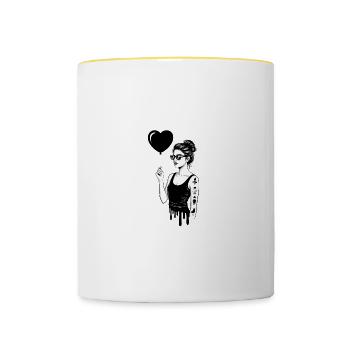 Dame noire et blanche avec ballon coeur et tatouages - Mug contrasté - blanc/jaune - Devant