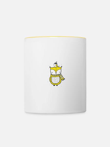 Eule und Vogel - Tasse zweifarbig - Weiß/Gelb