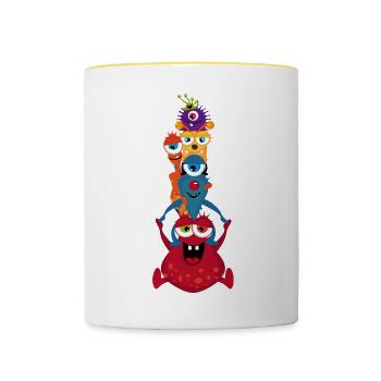 Eine bunte Monster Familie hat gemeinsam Spaß - Tasse zweifarbig - Weiß/Gelb - Vorne
