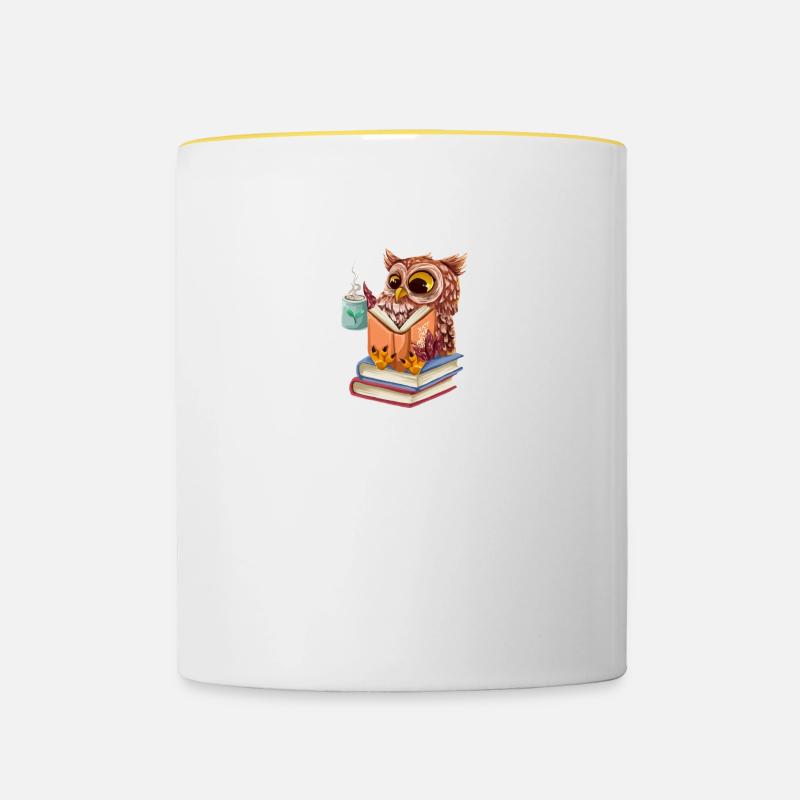 Cute owl reads book and drinks tea bookworm book - Contrasting Mug - white/yellow