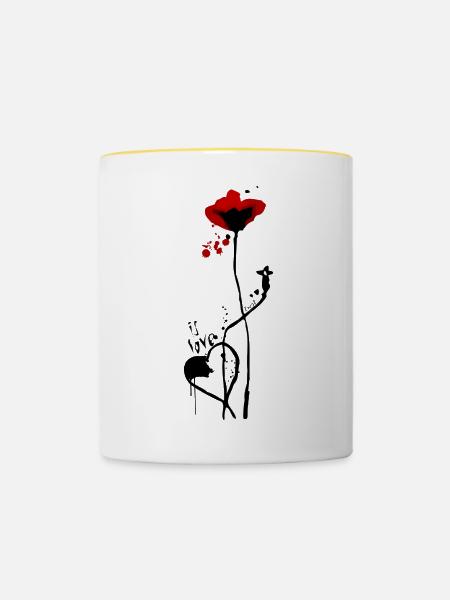 Es ist Liebe.. mit Mohn-Design - Tasse zweifarbig - Weiß/Gelb