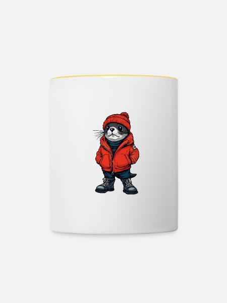 Robbe Tier Lustig Winter - Tasse zweifarbig - Weiß/Gelb