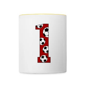 1. Geburtstag Fußball rot - Tasse zweifarbig - Weiß/Gelb - Vorne