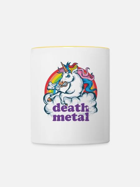 Death Metal Unicorn Gift Heavy Music Unicorn - Tofarvet krus - hvid/gul
