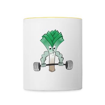 Leek fitness bodybuilder lifts weights - Contrasting Mug - white/yellow - Front