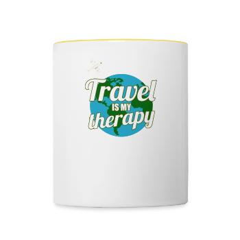 Reisen ist mein Therapie Traveller Wanderlust Shirt - Tasse zweifarbig - Weiß/Gelb - Vorne