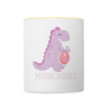 Pregosaurus T Shirt Funny Dinosaur Pregnancy Shirt - Tasse zweifarbig - Weiß/Gelb - Vorne