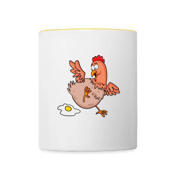 Huhn legt ein Ei Cartoon - Tasse zweifarbig - Weiß/Gelb - Vorne