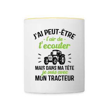 Dans ma tête je suis avec mon Tracteur Cadeau - Mug contrasté - blanc/jaune - Devant