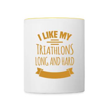 I LIKE MY TRIATHLONS LONG AND HARD motif for - Contrasting Mug - white/yellow - Front
