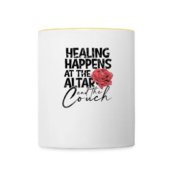 Heilung geschieht am Altar und auf der Couch - - Tasse zweifarbig - Weiß/Gelb - Vorne