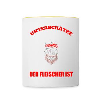 Unterschätze Niemals Alten Mann Der Fleischer Ist - Tasse zweifarbig - Weiß/Gelb - Vorne