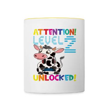 Attention Niveau 2 Anniversaire débloqué - Mug contrasté - blanc/jaune - Devant