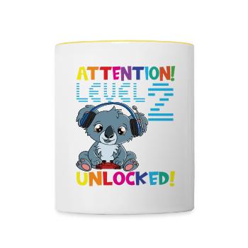 Attention Niveau 2 Anniversaire débloqué - Mug contrasté - blanc/jaune - Devant