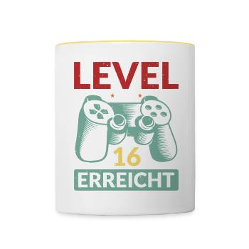Level 16 Erreicht Gamer - Tasse zweifarbig - Weiß/Gelb - Vorne