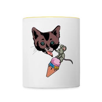 Été Chat Souris Glace Snacking Lick Enfant - Mug contrasté - blanc/jaune - Devant
