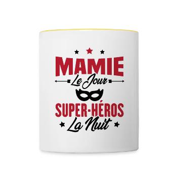 Mamie le jour super héros la nuit, Cadeau mamie - Mug contrasté - blanc/jaune - Devant