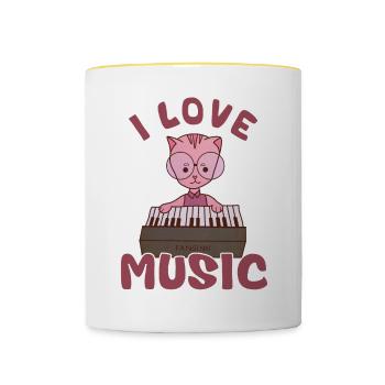 J’adore la musique - le chat joue du piano - Mug contrasté - blanc/jaune - Devant