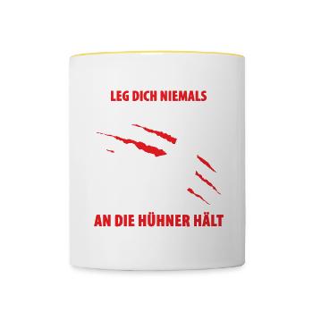 Leg Dich Niemals Mit Einer Frau An Die Hühner Hält - Tasse zweifarbig - Weiß/Gelb - Vorne