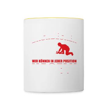 Dachdecker Wir Können In Jeder Position Nageln - Tasse zweifarbig - Weiß/Gelb - Vorne