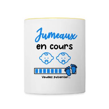 jumeaux en cours cadeau annonce grossesse - Mug contrasté - blanc/jaune - Devant