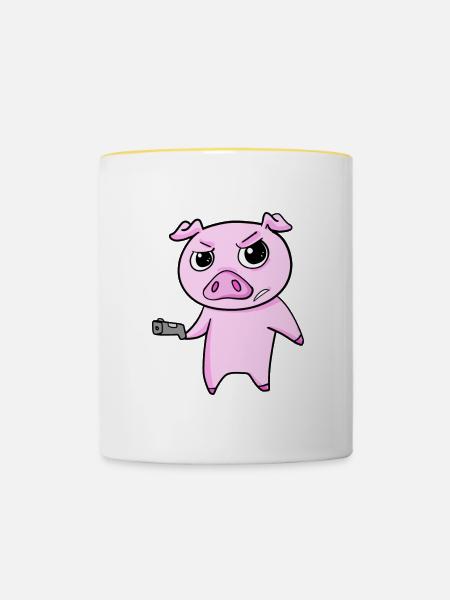 Schwein mit Pistole - Tasse zweifarbig - Weiß/Gelb