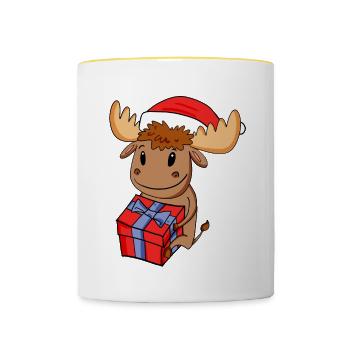 Weihnachten Elch Baby mit Geschenk - Tasse zweifarbig - Weiß/Gelb - Vorne