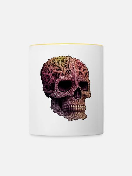 Verzierter Schädel - Tasse zweifarbig - Weiß/Gelb
