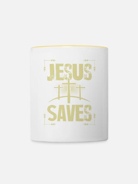 Jesus Saves - Tasse zweifarbig - Weiß/Gelb