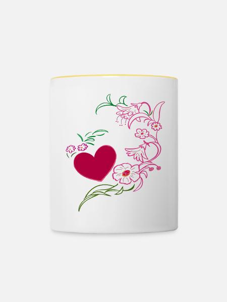 Blumenranke mit Herz - Tasse zweifarbig - Weiß/Gelb