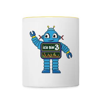 kleiner Roboter, dritter Geburtstag, 3 Jahre - Tasse zweifarbig - Weiß/Gelb - Vorne