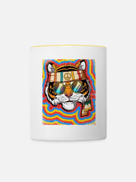 Hippie Tiger Psychedelisch Trippy - Tasse zweifarbig - Weiß/Gelb