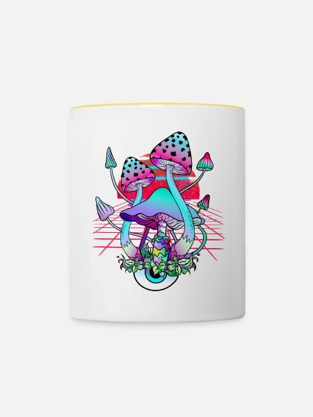 Psychedelische Pilze - Retro Wave Sunset - Tasse zweifarbig - Weiß/Gelb