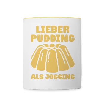 Lieber Pudding als Jogging - Pudding Esser - Tasse zweifarbig - Weiß/Gelb - Vorne