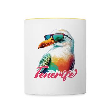 Tenerife vacances mouette colorée fraîche avec des lunettes de soleil - Mug contrasté - blanc/jaune - Devant
