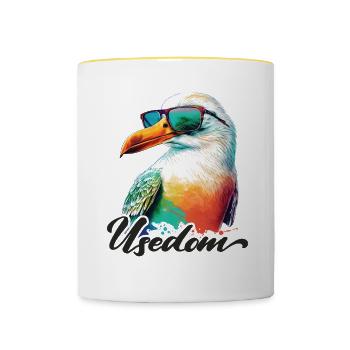 Usedom Urlaub coole bunte Möwe mit Sonnenbrille - Tasse zweifarbig - Weiß/Gelb - Vorne