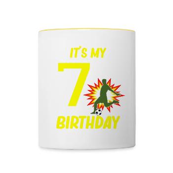 Joueur de football 7e anniversaire Entraîneur sportif de football - Mug contrasté - blanc/jaune - Devant