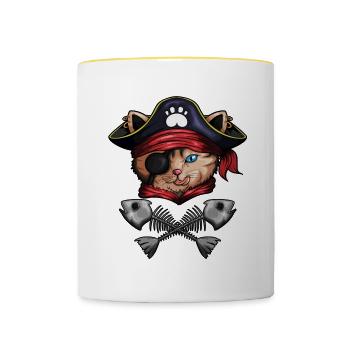 Pirate Chat Pirate Costume Chat Squelette Poisson - Mug contrasté - blanc/jaune - Devant