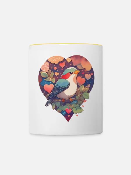 Vogel mit Herz - Tasse zweifarbig - Weiß/Gelb