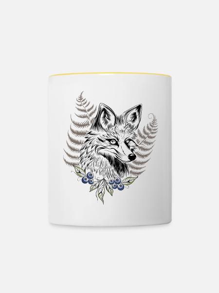 Fuchs mit Farn und Blaubeeren - Tasse zweifarbig - Weiß/Gelb