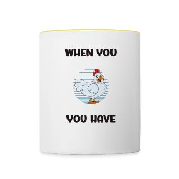 Lustiger Hühner Spruch Huhn - Tasse zweifarbig - Weiß/Gelb - Vorne