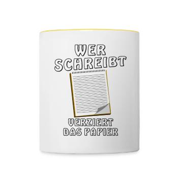 NOTIZBLOCK WER SCHREIBT VERZIERT DAS PAPIER - Tasse zweifarbig - Weiß/Gelb - Vorne