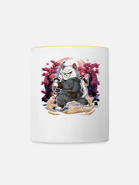 Samurai Katze - Tasse zweifarbig - Weiß/Gelb