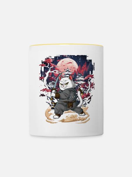 Samurai Katze - Tasse zweifarbig - Weiß/Gelb